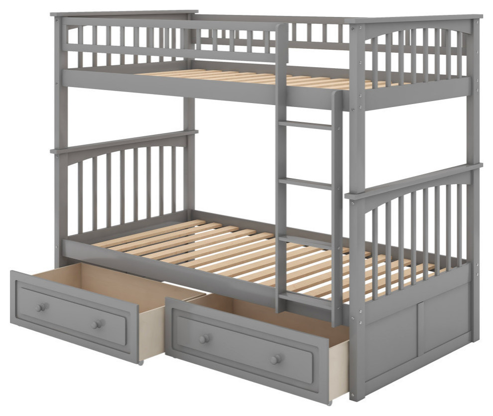 Twin Over Twin Bunk Bed With Drawers, Convertible Beds, Gray ...