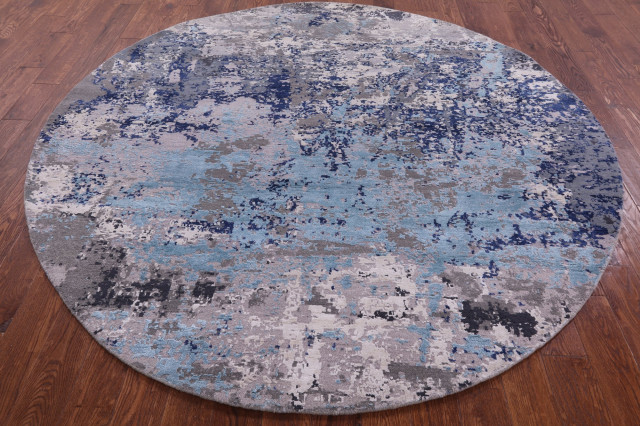 8' Round Wool and Silk Handmade Modern Rug Q9426, 7' 10