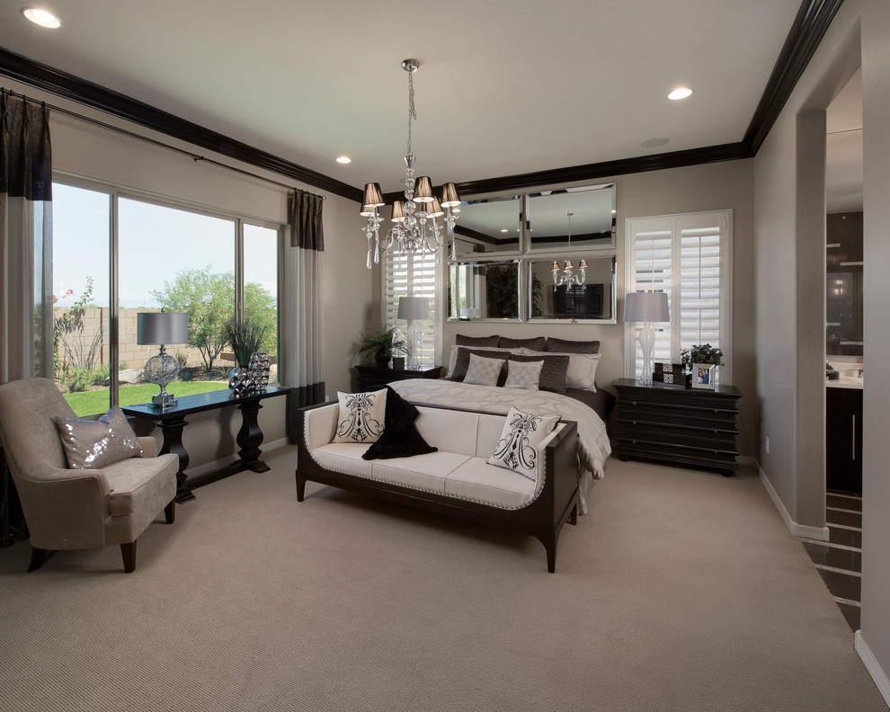 Design ideas for a contemporary master bedroom in Phoenix with grey walls, carpet and no fireplace.
