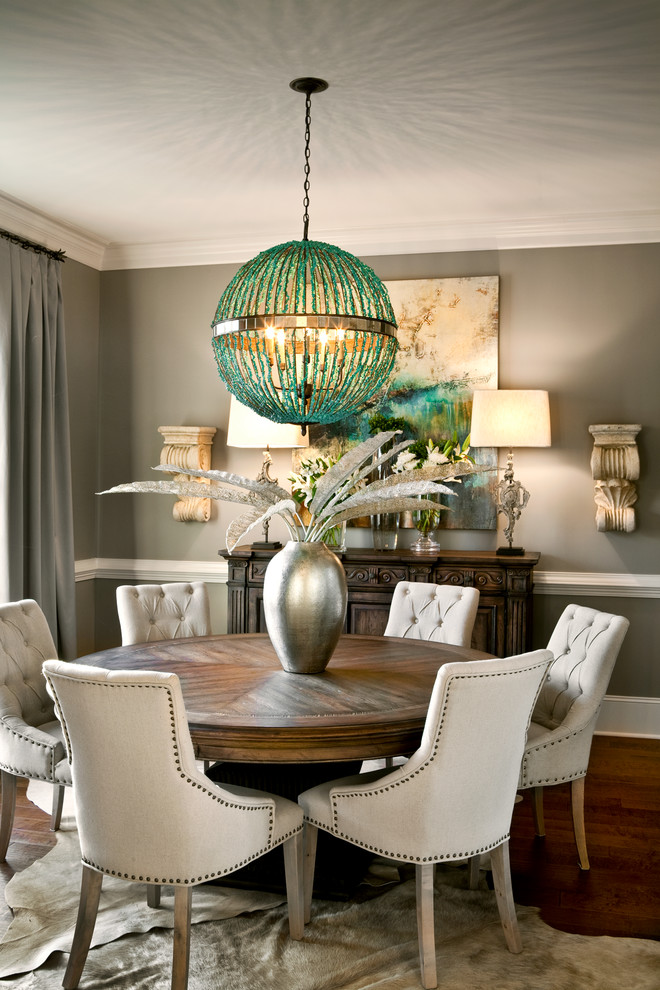 Inspiration for a transitional dining room in Other with grey walls.