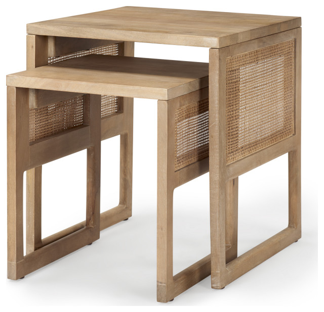 Grier Set of 2 Light Brown Solid Wood With Cane Nesting Accent Tables