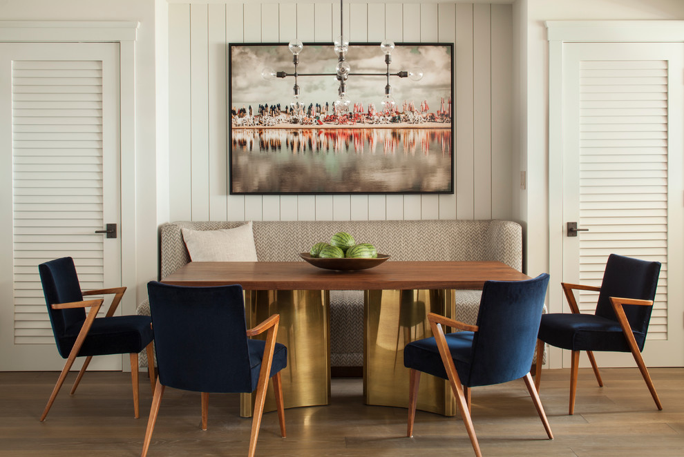 Inspiration for a transitional dining room in San Francisco with white walls, light hardwood floors and no fireplace.