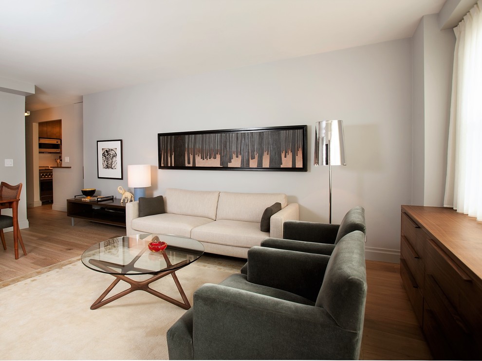 Photo of a small modern open concept living room in Other with grey walls, light hardwood floors and a wall-mounted tv.
