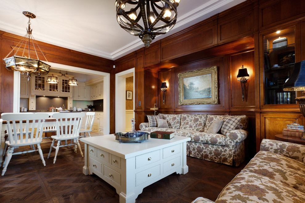 Traditional open concept living room in Moscow with dark hardwood floors and no fireplace.