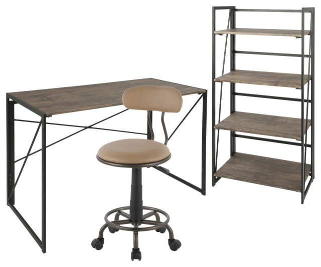 Dakota Desk, Bookcase, Swift Task Chair Set, Black/Brown/Antique/Camel PU Industrial Desks