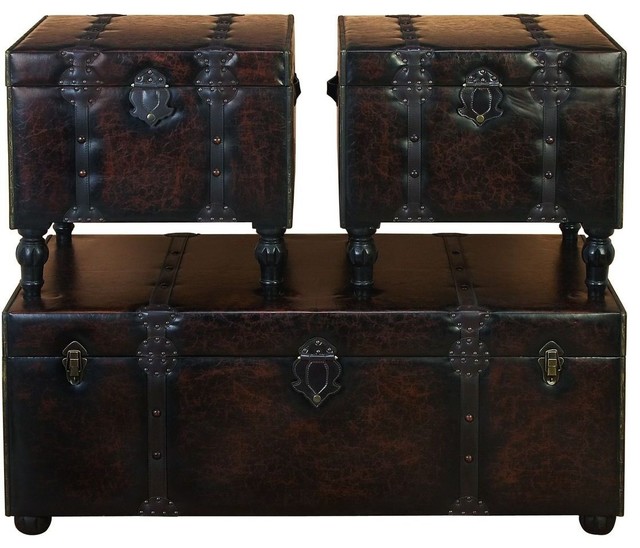 Wood Leather Trunk with Metallic Accents - Set of 3
