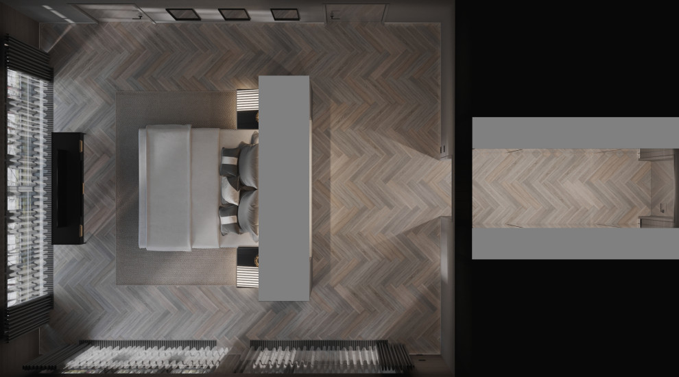 3d-визуализация плана мастер спальни в проекте загородного дома