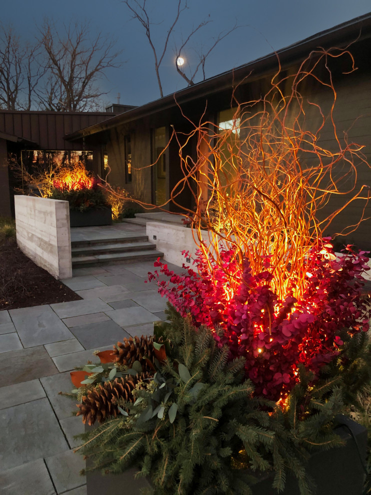 Design ideas for a mid-sized midcentury front yard partial sun garden for winter in Chicago with a container garden and natural stone pavers.