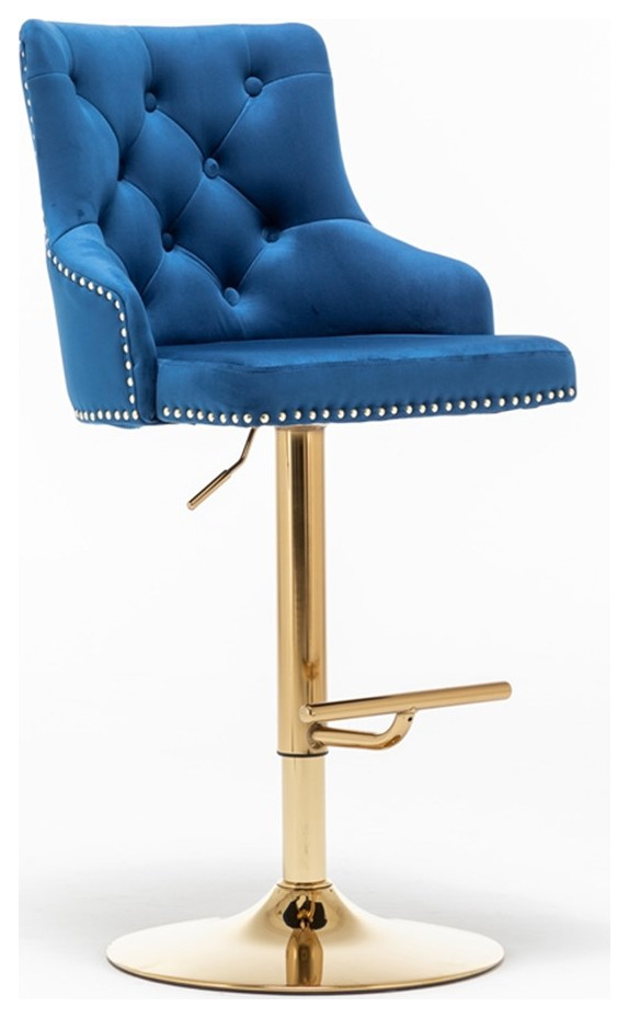 Brightcast 2piece Velvet Tufted Gold Bar Stools in Blue Bar Stools
