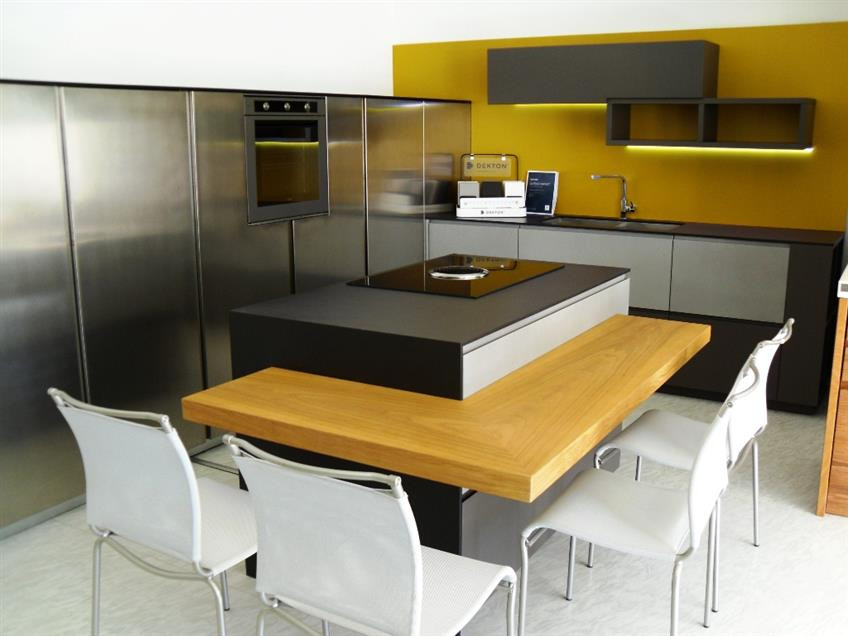 Inspiration for an industrial open plan kitchen in Turin with a double-bowl sink, grey cabinets and with island.