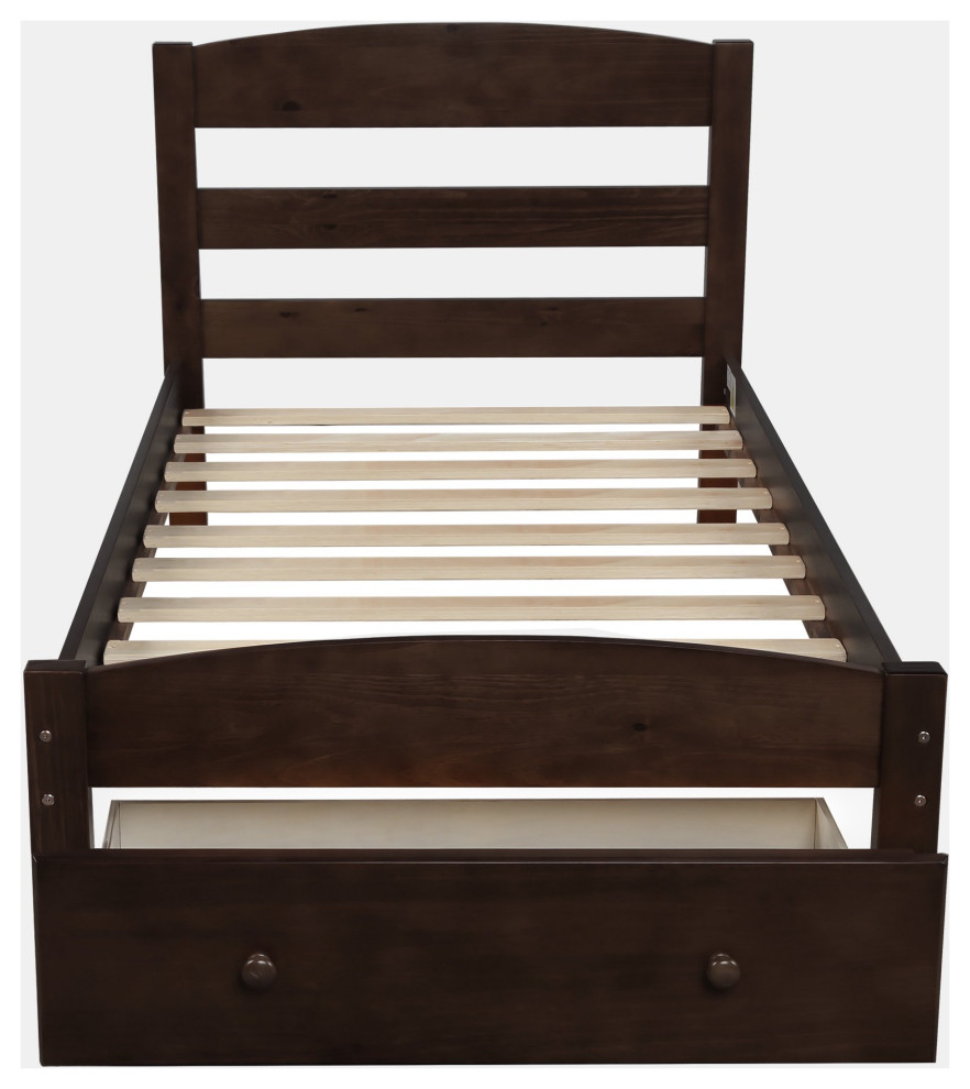 Classic Twin Platform Bed, Arched Headboard & Foot Drawer With Knobs
