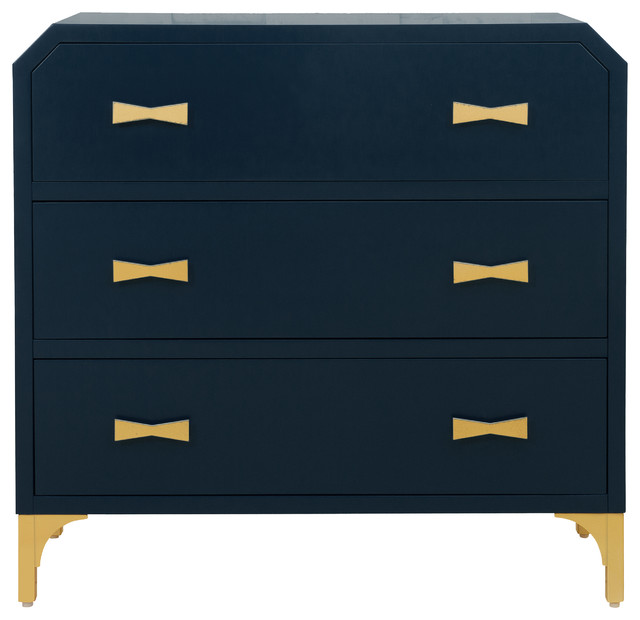 Clip Corner Blue And Gold Three Drawer Chest Contemporary