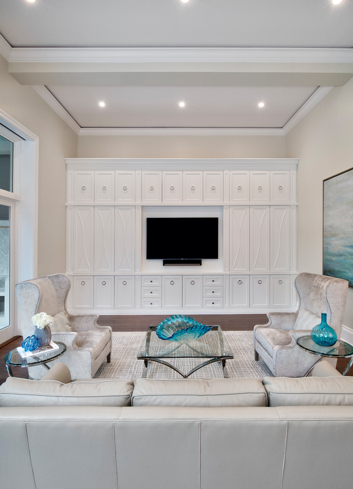 Inspiration for a large transitional open concept family room in Miami with grey walls, dark hardwood floors, no fireplace and a wall-mounted tv.