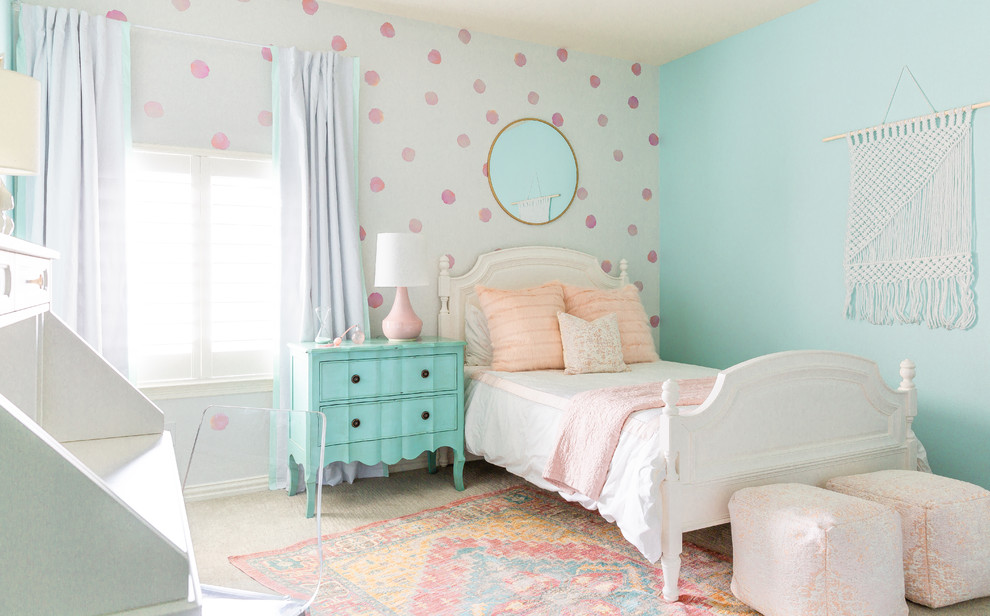 Transitional kids' bedroom in Dallas with multi-coloured walls, carpet and beige floor for girls.