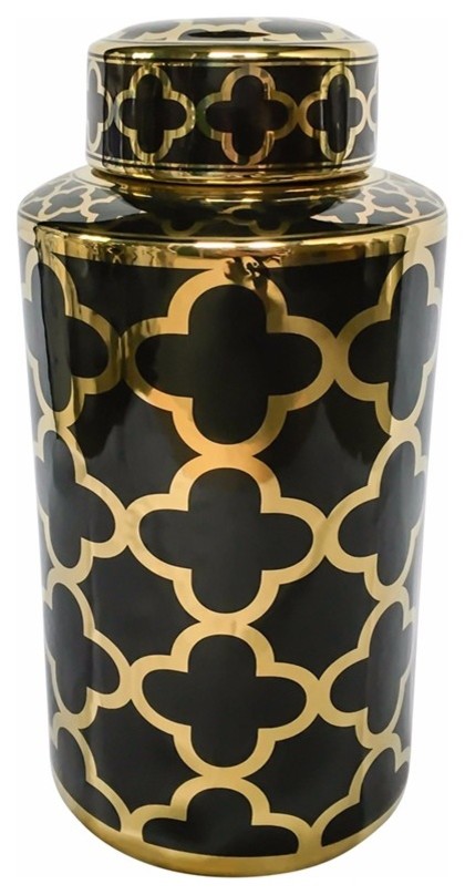 Classic Decorative Ceramic Covered Jar With Lid, Black And Gold