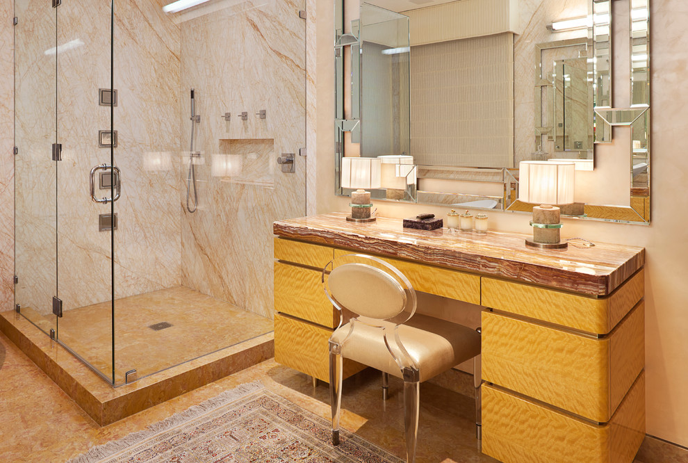 Contemporary master bathroom in Los Angeles with flat-panel cabinets, medium wood cabinets, a corner shower, orange tile, marble, white walls, limestone floors, a drop-in sink, orange floor, a hinged shower door, onyx benchtops and red benchtops.