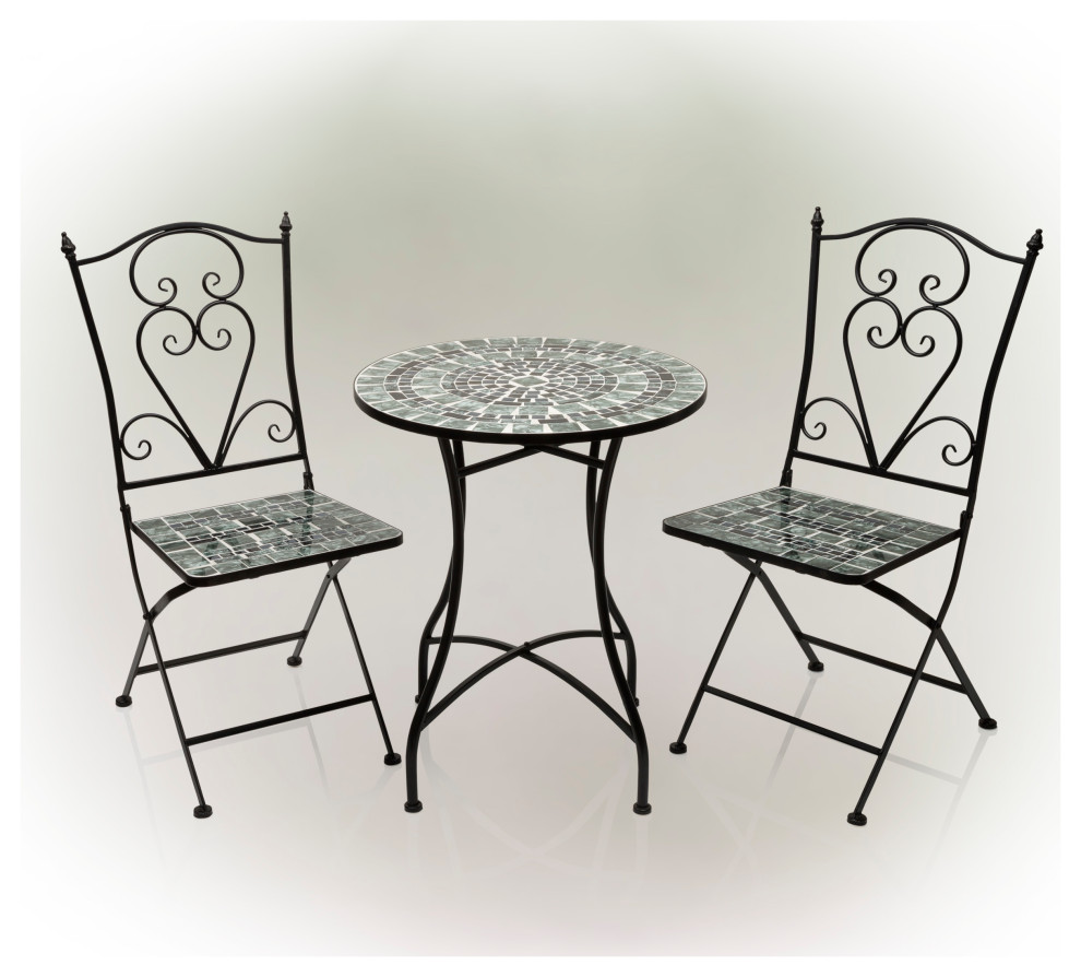 Marbled Glass Mosaic 3Piece Bistro Set Folding Table and Chairs Patio Seating Mediterranean