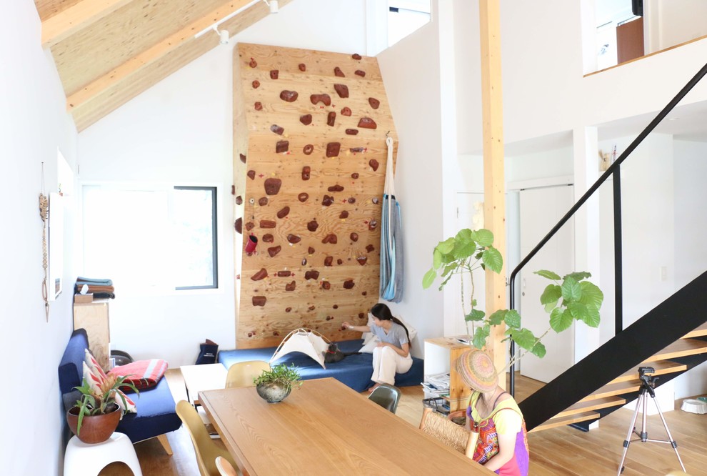 Transitional home climbing wall in Other with white walls and light hardwood floors.
