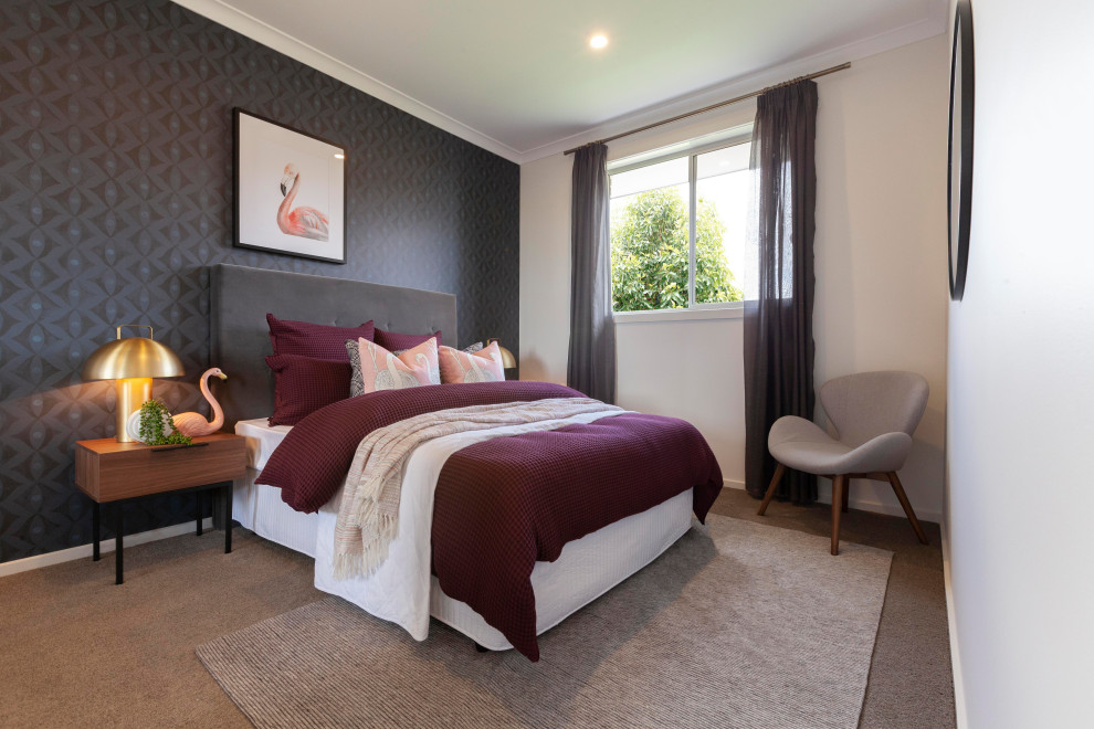 This is an example of a contemporary guest bedroom in Melbourne with beige walls, carpet, no fireplace, brown floor and wallpaper.