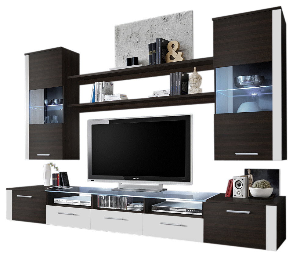 MEBLE FURNITURE /& RUGS Modica Modern Entertainment Center Wall Unit with LED Lights 65 TV Stand
