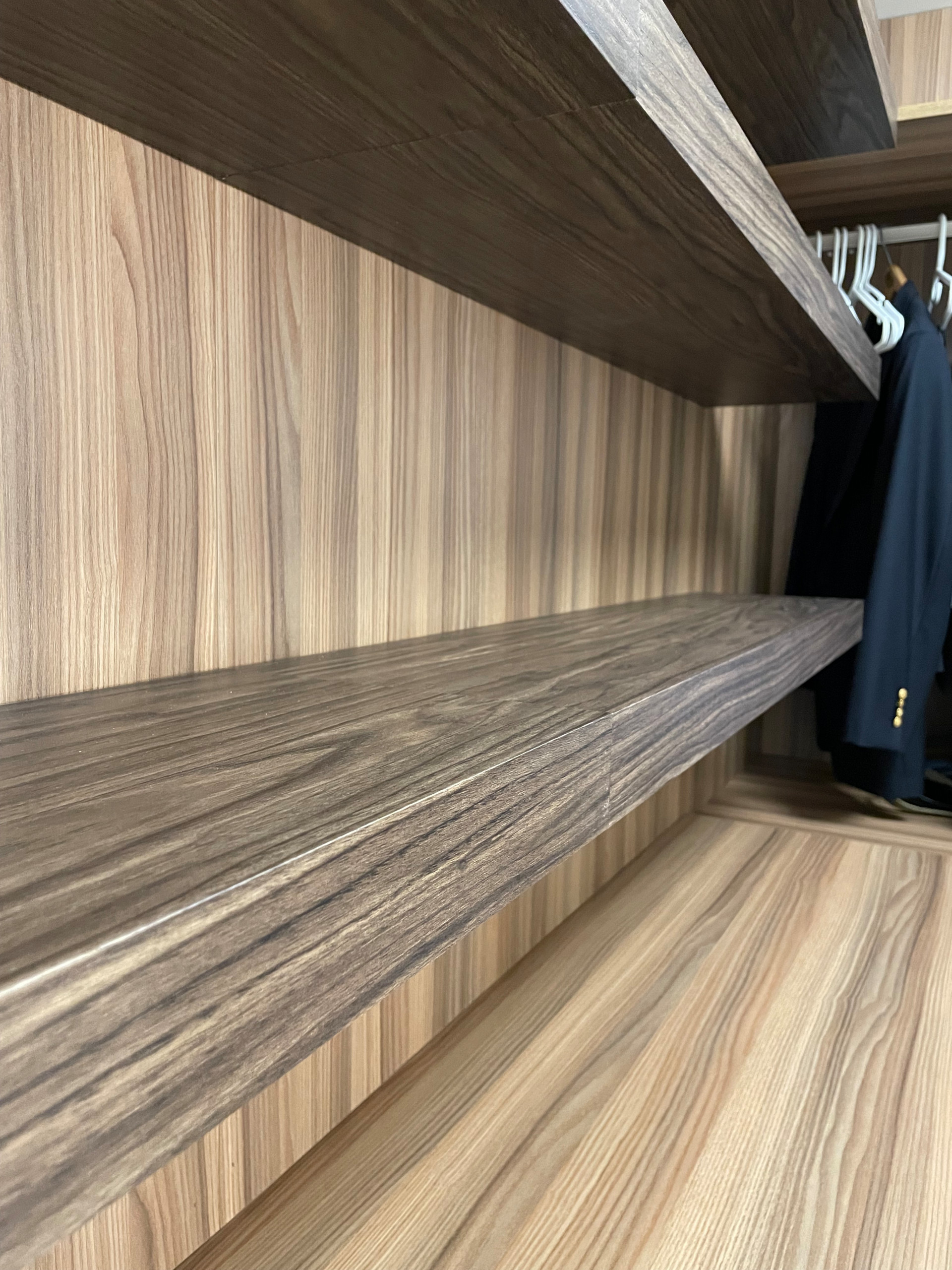 Modern Closet with Floating Shelves and Shoe Pullouts