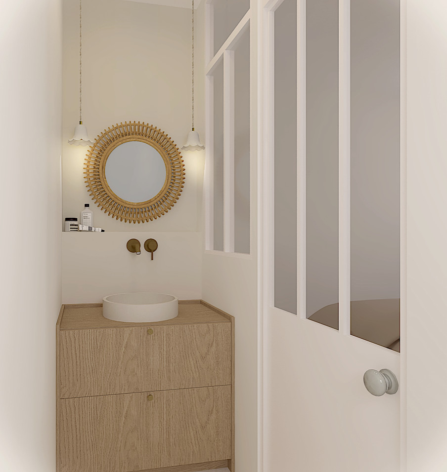 Idéer för ett litet medelhavsstil badrum med dusch, med släta luckor, skåp i ljust trä, en kantlös dusch, beige väggar, betonggolv, ett nedsänkt handfat, träbänkskiva och beiget golv