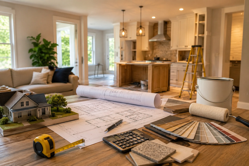 Modern home renovation planning scene with blueprints, material samples, and a kitchen remodel in progress inside a stylish Ontario home.