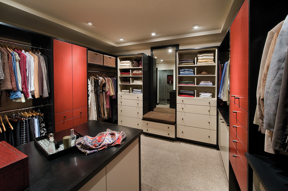 Contemporary storage and wardrobe in Other with red cabinets.