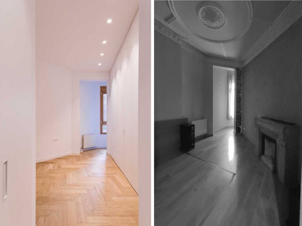 Idéer för att renovera ett mellanstort eklektiskt huvudsovrum, med vita väggar, mellanmörkt trägolv och beiget golv