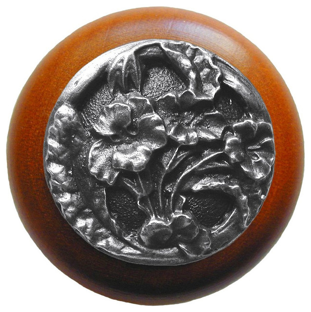 Hibiscus Cherry Wood Knob, AntiqueStyle Pewter Traditional