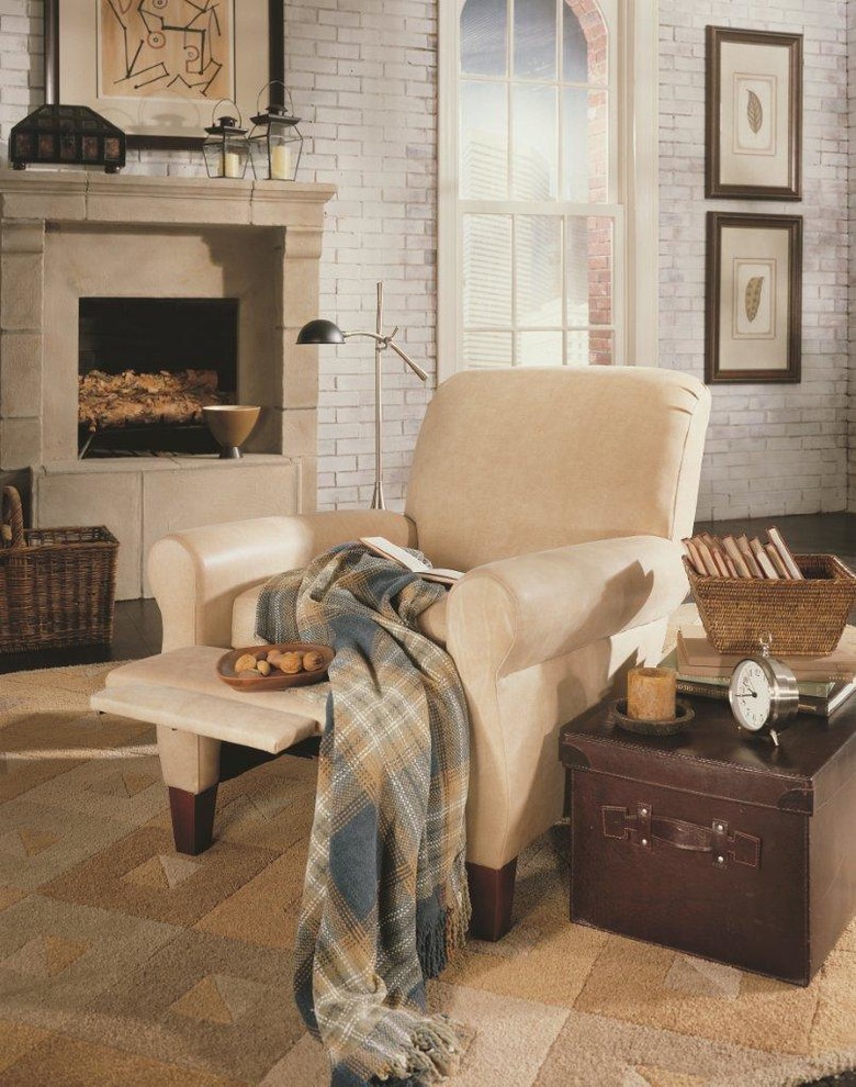 Mid-sized transitional dark wood floor family room photo in Raleigh with multicolored walls, a standard fireplace and a concrete fireplace