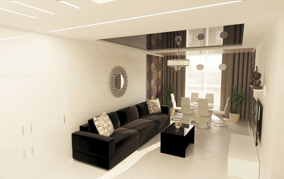 Дизайн гостиной комнаты совмещенной с холлом и кухней