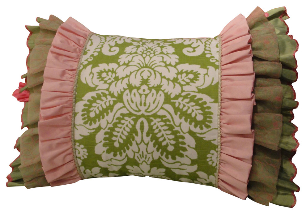 20x26 Green Damask with Green, Pink, and Sage Triple Ruffle Standard Sham
