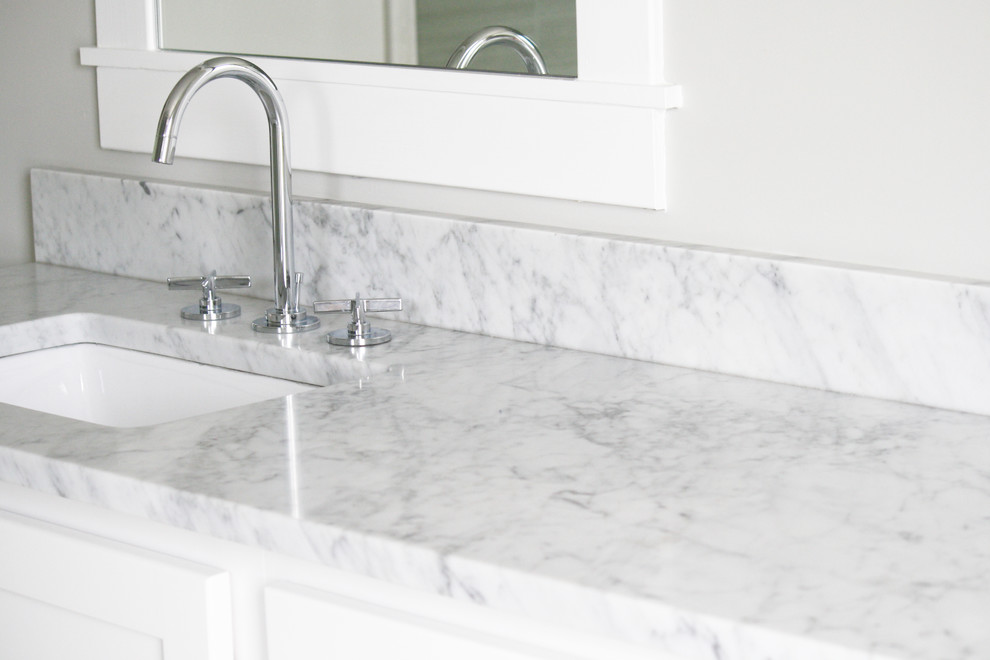 Inspiration for a transitional master bathroom remodel in Richmond with shaker cabinets, white cabinets and marble countertops