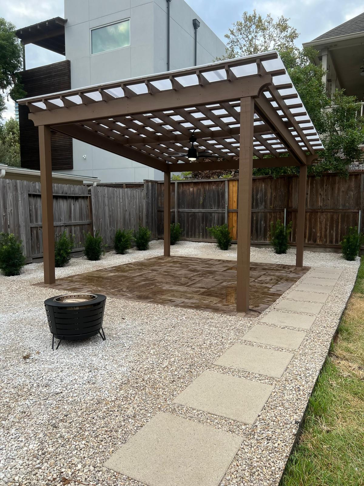 Beautiful stamped concrete patio with Pergola Cover on Haddon st!