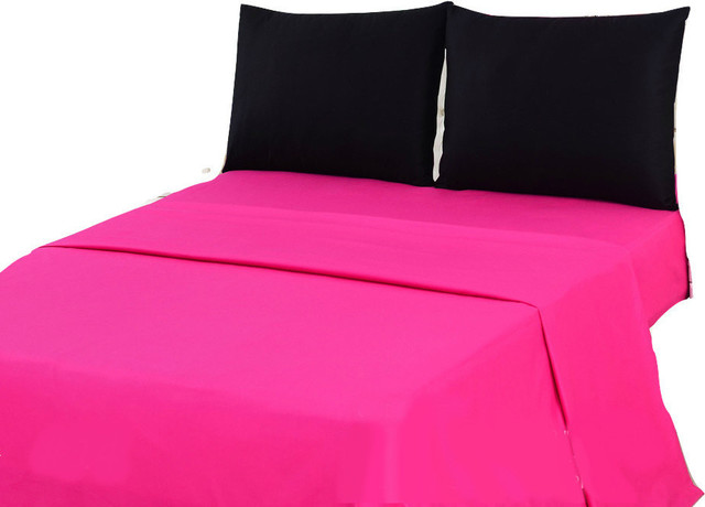 4-Piece 100% Cotton Bed Sheet Set, Solid Hot Pink/Black Superstar - Modern  - Sheet And Pillowcase Sets - by Tache Home Fashion | Houzz