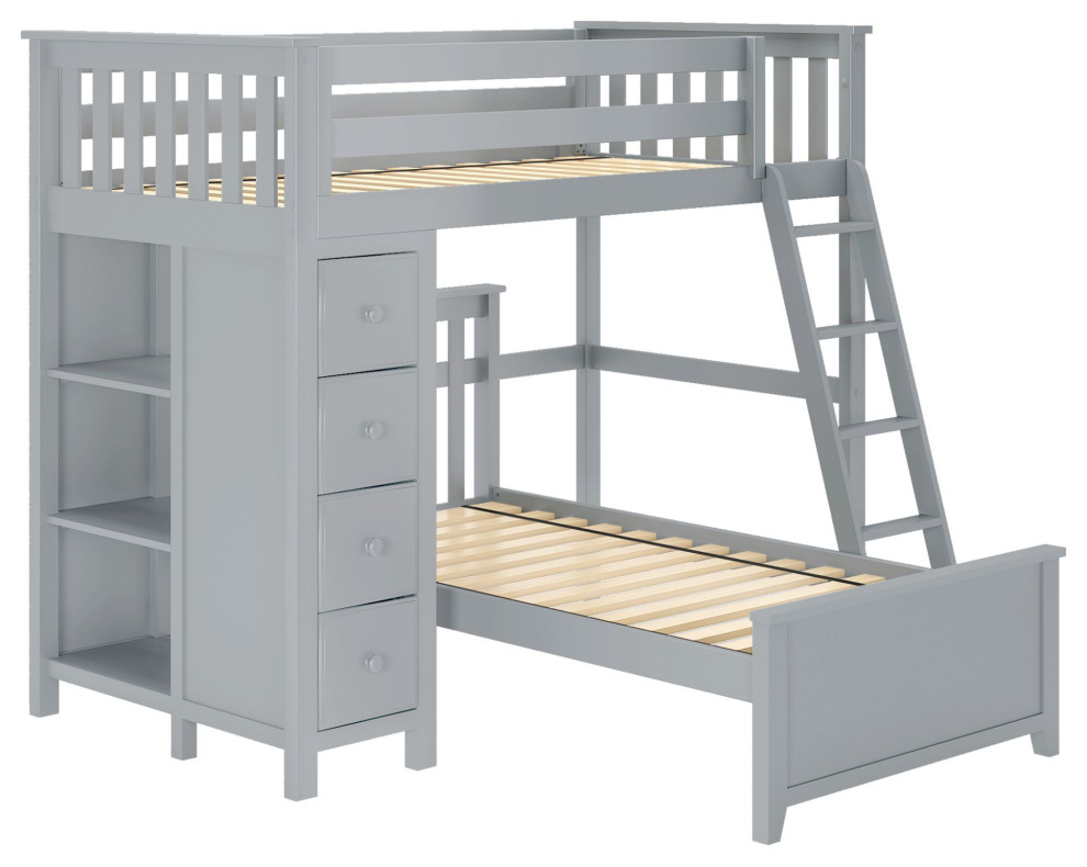 Plank+Beam Twin over Twin L-Shaped Bunk Bed+4 Drawer Dresser+Bookcase ...