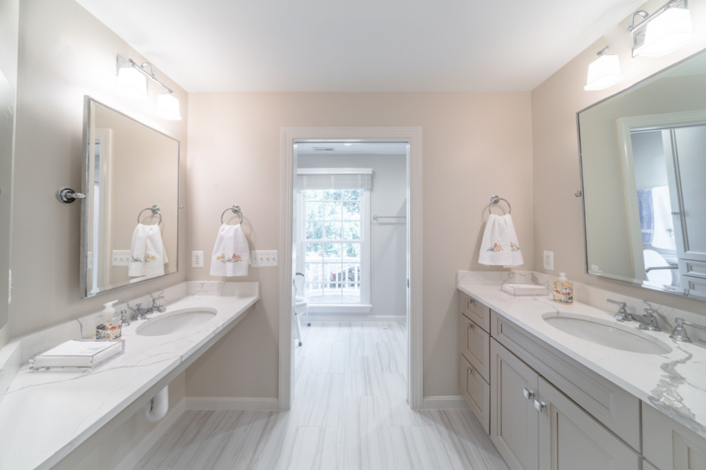 Design ideas for a mid-sized modern master bathroom in DC Metro with white cabinets, an open shower, beige walls, ceramic floors, granite benchtops, white floor, a shower curtain, white benchtops, a niche and a double vanity.