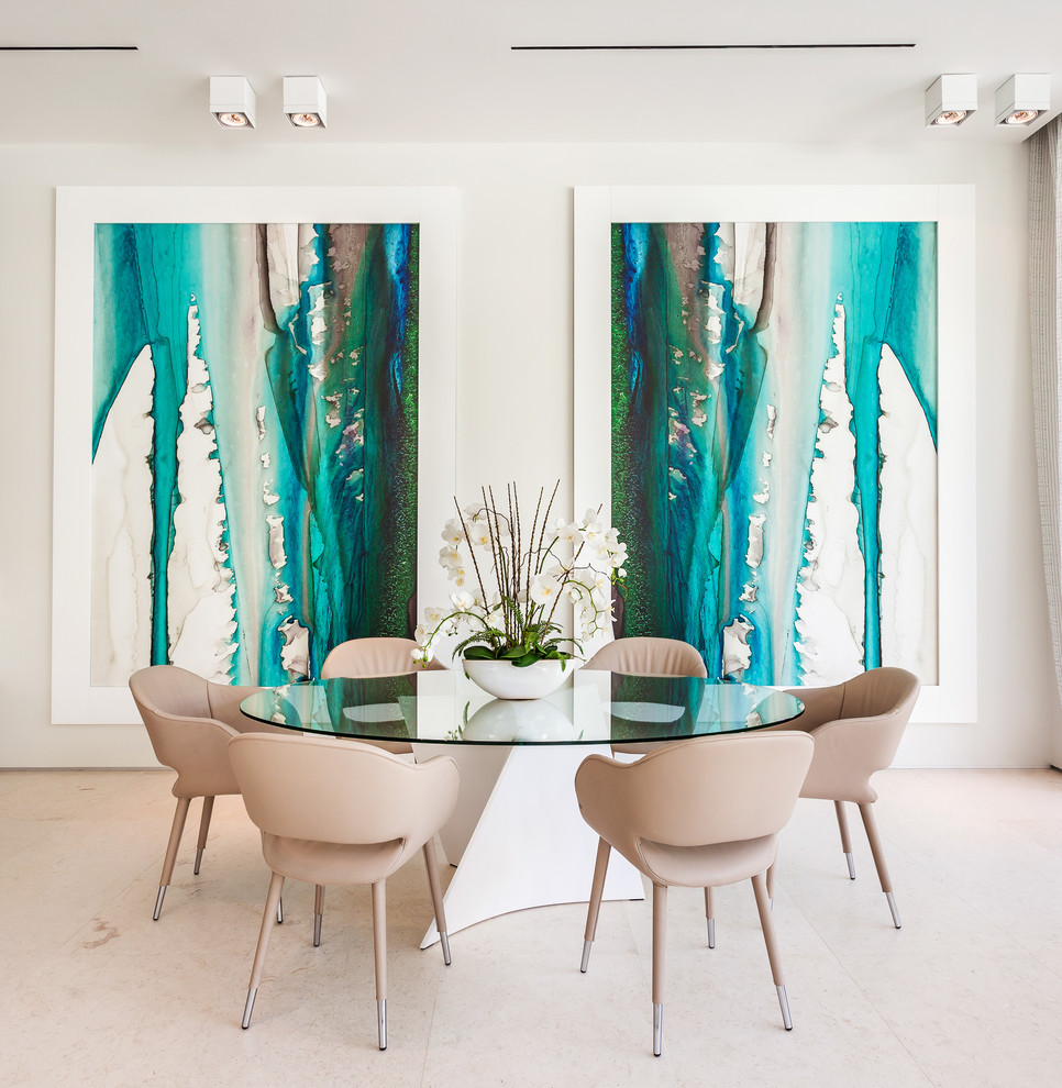 Photo of a contemporary dining room in Miami with white walls and beige floor.