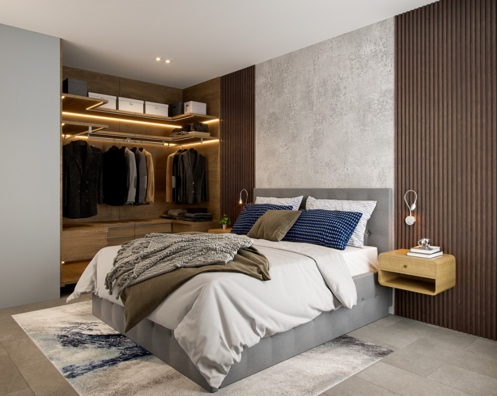Mittelgroßes Modernes Hauptschlafzimmer ohne Kamin mit grauer Wandfarbe, Keramikboden, grauem Boden und Wandpaneelen in Sonstige