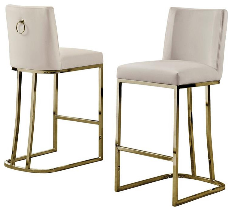 Velvet Counter Height Chairs in Beige Cream Velvet and Gold Chrome (Set of 2)