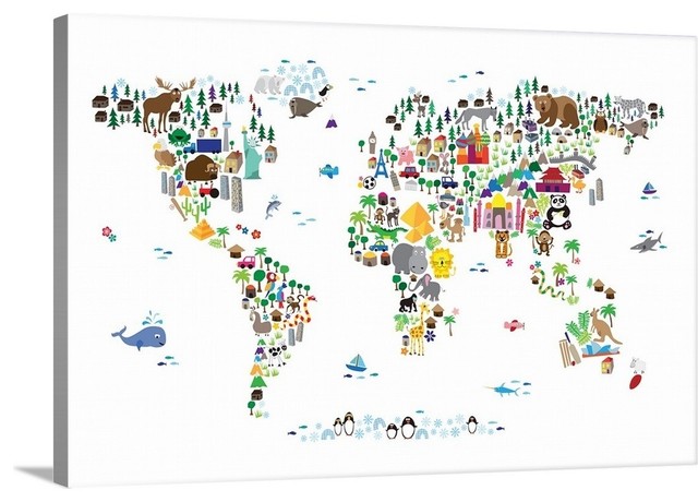 Animal Map of the World for children, White Wrapped Canvas Art Print, 48"x3