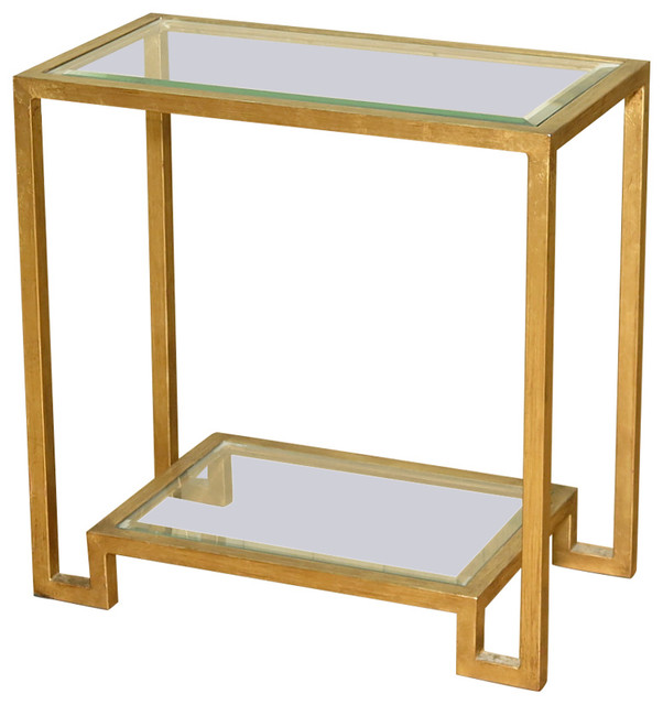 Antique Distressed Gold Metal Rectangular End Side Table, Glass Shelves Traditional Side