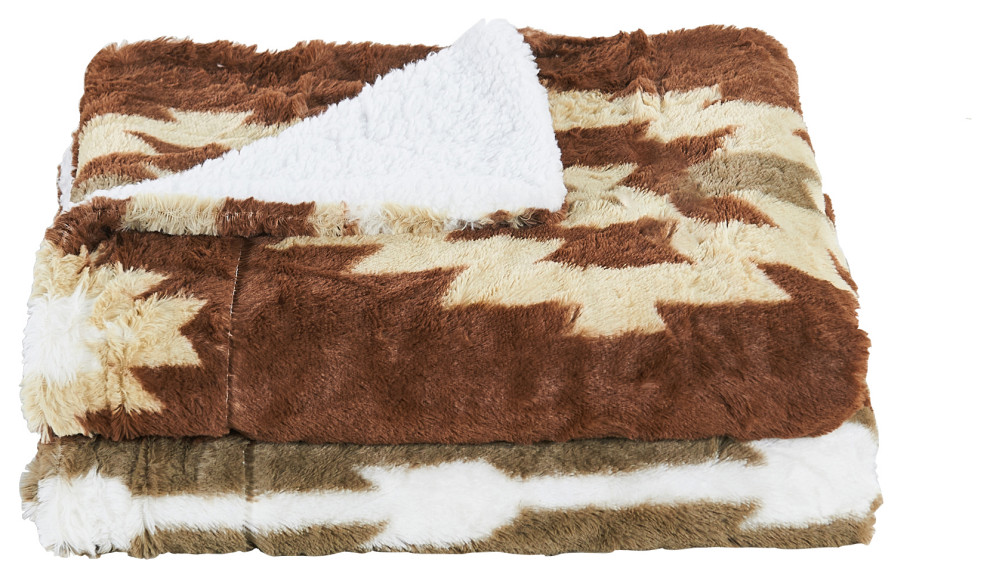Southwest Faux Fur & Sherpa Backing Throw Blanket, Coffee, 50" X 60"