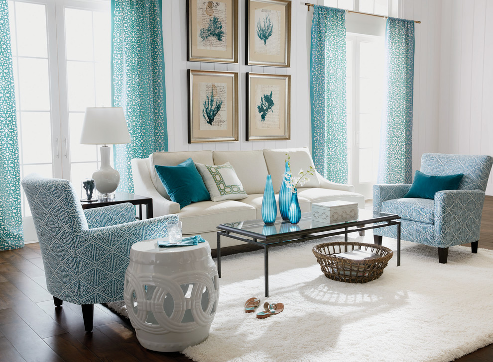 Inspiration for a mid-sized coastal formal and open concept dark wood floor and brown floor living room remodel in New York with white walls, no fireplace and no tv