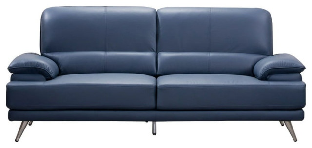 Benzara BM226612 Leather Sofa With Pillowtop Arms and Metal Legs, Navy Blue