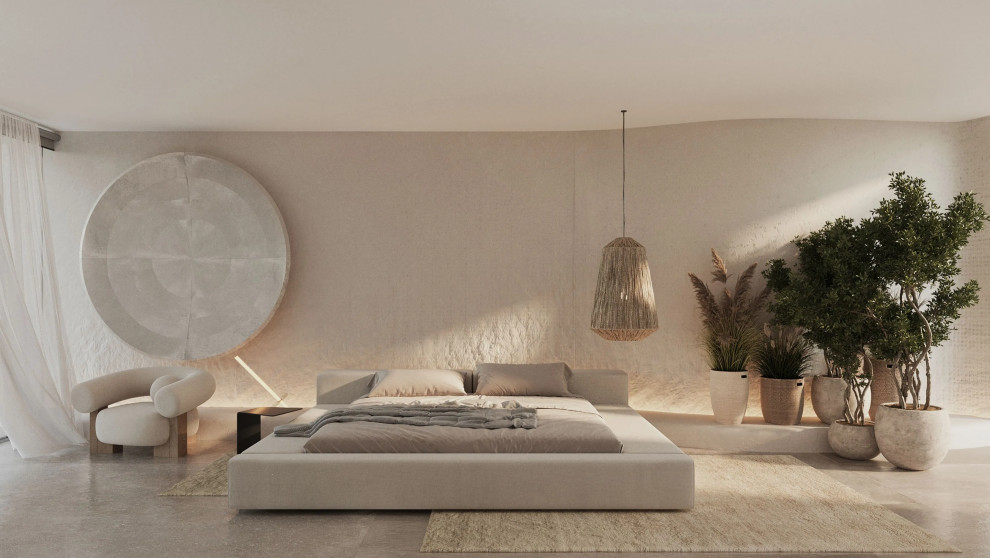 Idee per una camera matrimoniale minimalista di medie dimensioni con pareti beige, parquet chiaro, nessun camino e pavimento beige