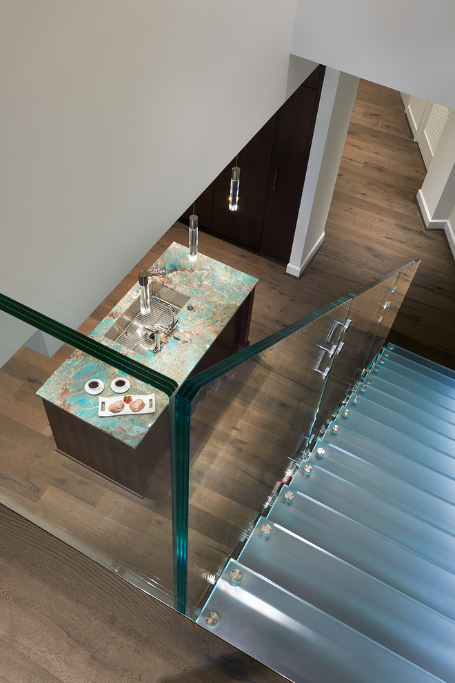 This is an example of a mid-sized contemporary glass straight staircase in DC Metro with open risers.