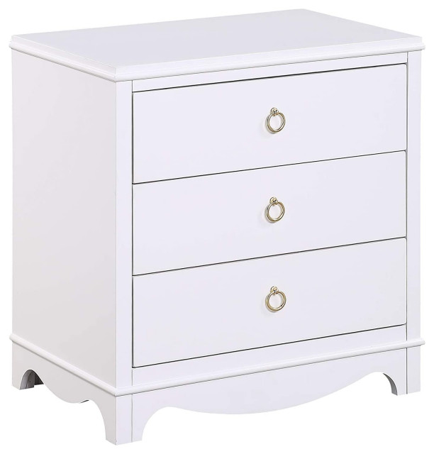 Modern Nightstand, MDF Construction With 3 Drawers & Brushed Gold Ring Pulls Midcentury