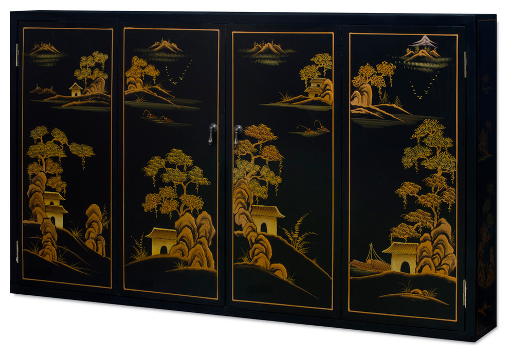 Chinoiserie Painted Scenery Wall Media Cabinet Black Asian